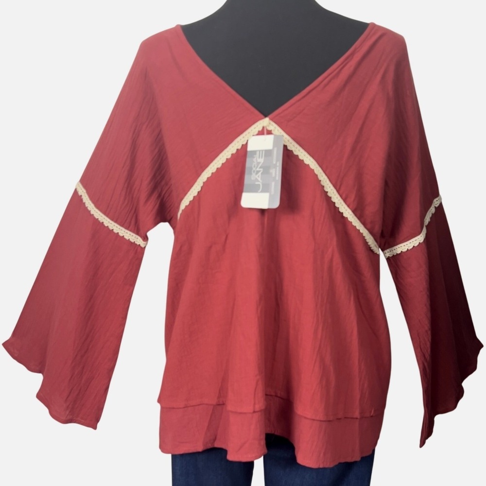 Listicle V-Neck Layered Long Bell Sleeves Small Boho Lace Trim Top 70s Retro NEW - Picture 6 of 11